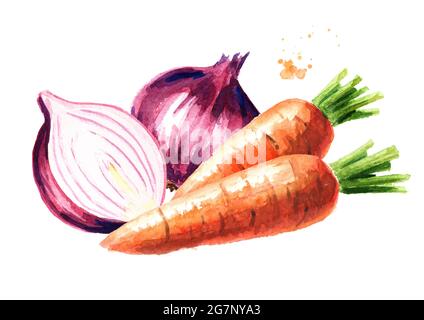 Zwiebel- und Karottenzusammensetzung. Aquarell handgezeichnete Illustration, isoliert auf weißem Hintergrund Stockfoto