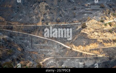 Bergfeuer mit verbranntem Ackerland und Wald. Umweltkatastrophe Stockfoto