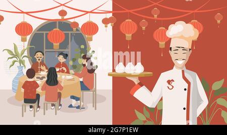 Gruppe von glücklichen Menschen essen in chinesischen Restaurant Vektor flache Illustration. Lächelnder Koch hält Teller mit gedämpften Brötchen oder Dim Sums. Konzept der traditionellen, köstlichen chinesischen Küche. Stock Vektor