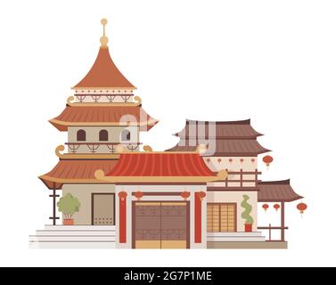 Traditionelle chinesische Architektur Vektor flache Illustration isoliert auf weiß. Wunderschönes und farbenfrohes asiatisches Gebäude. China-Haus, Ost-architektonisches Objekt. Pagode oder asiatischer Tempel im orientalischen Stil. Stock Vektor