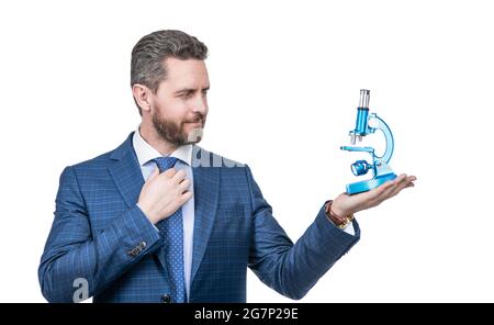 Erfolgreiche Mann Wissenschaftler schlagen moderne Reichweite. Wissenschaft Unternehmer in der Wirtschaft. Stockfoto