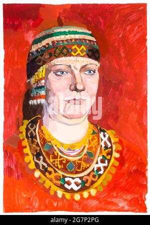 Porträt einer älteren Frau in Ornamenten auf rotem Hintergrund, handbemalt von Tempera-Farben auf weißem Papier Stockfoto