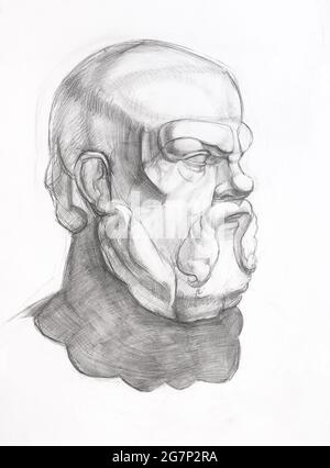 Akademische Zeichnung - Skizze der Skulptur des Sokrates-Kopfes von Hand mit Graphitstift auf weißem Papier gezeichnet Stockfoto