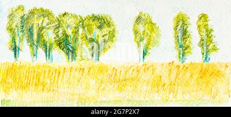 Skizze der Sommerlandschaft mit Bäumen und Feldern an sonnigen Tagen von Hand gezeichnet mit Aquarellstiften auf weißem Strukturpapier Stockfoto