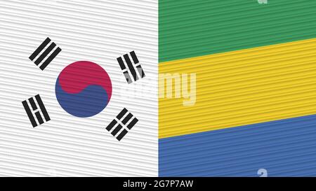 Gabun und Südkorea zwei Half Flags zusammen Stofftextur Illustration Stockfoto