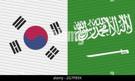 Saudi-Arabien und Südkorea zwei Half Flags zusammen Stofftextur Illustration Stockfoto