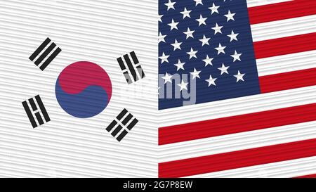 Vereinigte Staaten von Amerika und Südkorea zwei Half Flags zusammen Stofftextur Illustration Stockfoto