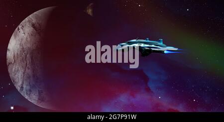Alien Planet - EIN Raumschiff nähert sich einem fremden Planeten und seinem Mond bei einem Erkundungsbesuch. Stockfoto