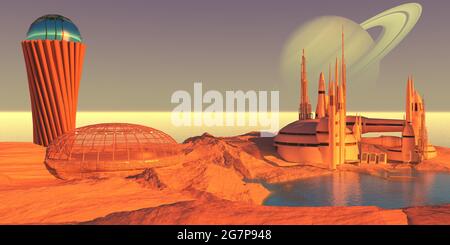 Enceladus Mondkolonie - EINE Kuppel, ein Gebäude und ein Turm auf dem Saturnmond Enceladus ist der Beginn einer Kolonie im Äußeren Sonnensystem. Stockfoto