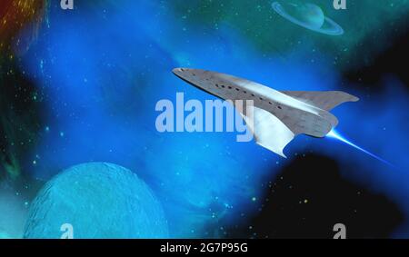 Shuttle Star Spacecraft - EIN Raumschiff fährt zum Äußeren Sonnensystem zwischen Saturn und einem seiner Monde. Stockfoto