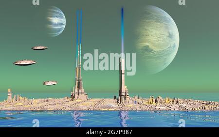 Water Planet - EIN Planet mit zwei Monden baut ihre Städte auf dem Wasser, da es den größten Teil des Landes bedeckt. Stockfoto