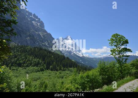 Wanderung zum Helischopf mit Blick auf die Berner Alpen entlang der schwarzen Lütschine Stockfoto