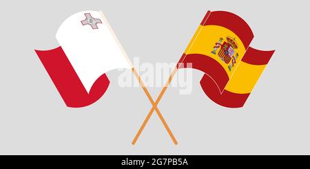 Gekreuzte und winkende Flaggen von Malta und Spanien. Vektorgrafik Stock Vektor