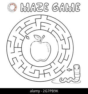 Maze Puzzle-Spiel für Kinder. Skizzieren Kreis Labyrinth oder Labyrinth-Spiel mit Wurm. Vektorgrafiken Stock Vektor