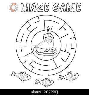 Maze Puzzle-Spiel für Kinder. Skizzieren Kreis Labyrinth oder Labyrinth-Spiel mit Walross. Vektorgrafiken Stock Vektor