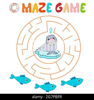 Maze Puzzle-Spiel für Kinder. Kreis Labyrinth oder Labyrinth-Spiel mit Walross. Vektorgrafiken Stock Vektor