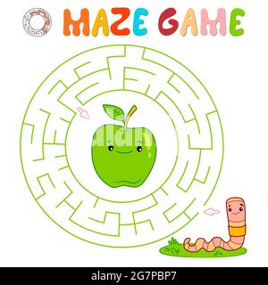 Maze Puzzle-Spiel für Kinder. Kreis Labyrinth oder Labyrinth-Spiel mit Wurm. Vektorgrafiken Stock Vektor