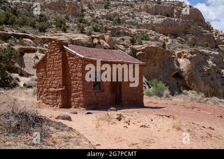 Die alte verlassene Behunin Cabin, im Besitz von Elijah Cutler Behunin, einem Grenzsiedler, im Capitol Reef National Park Stockfoto