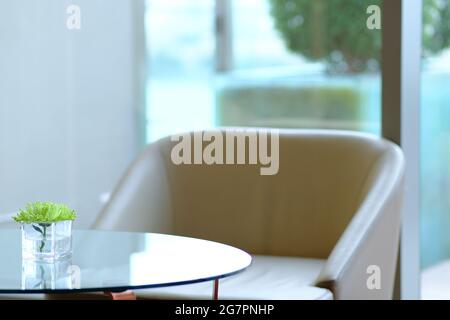 Brauner Sessel mit Glastisch und grüner Blume auf ihm, nur auf Blume konzentrieren und verwischen alle anderen Stockfoto