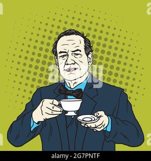 Mann trinkt eine Tasse Tee. Kaffeepause. Vektor-Pop-Art-Illustration Stock Vektor