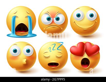 Smileys Emoji-Vektor-Set. Emojis Smiley Kollektion isoliert auf weißem Hintergrund für Emoticon Grafikelemente Design. Vektorgrafik Stock Vektor