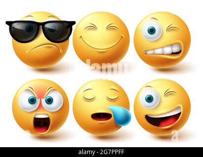 Coole Emoji und Emoji Gesichter Symbol über weißem Hintergrund, flacher
