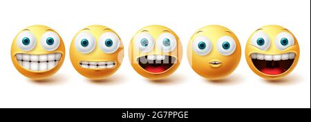 Emoji lustige Zähne Vektor-Set. Smiley-Symbole und Emoticon mit lustigen und fröhlichen Smile-Mimik isoliert auf weißem Hintergrund. Vektor Stock Vektor