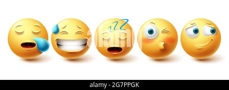 Smileys sleeys sleeys Face Vector set. Smiley gelbe Emoji mit glücklichen, erröten, schnarchen und schlafen Sammlung isoliert in weißem Hintergrund für Design Stock Vektor