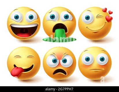 Vektorset für Emoji-Smileys. Smileys Emoticon glücklich, winkend und wütend Gesichtskollektion Mimik isoliert in weißem Hintergrund für Grafik-Design Stock Vektor