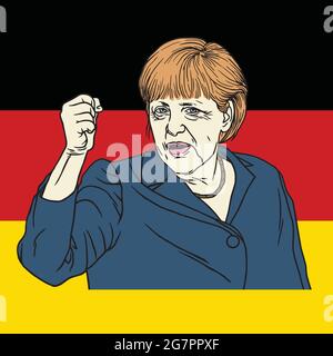 Angela Merkel auf deutscher Flagge Hintergrund. Vektorgrafik Cartoon Illustration Stock Vektor