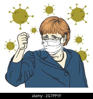 Angela Merkel Rede trägt Maske Anti Coronavirus COVID-19 Cartoon Vektorporträt, Berlin 1. April 2020. Stock Vektor