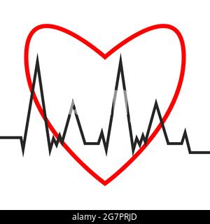 Herzschlagkardiogramm. Herz- und Kardiogramm-Symbol. Flacher Umriss. Vektordarstellung des Herzfrequenz-EKGs. Identifizierung der Intrakardialleitung Stock Vektor