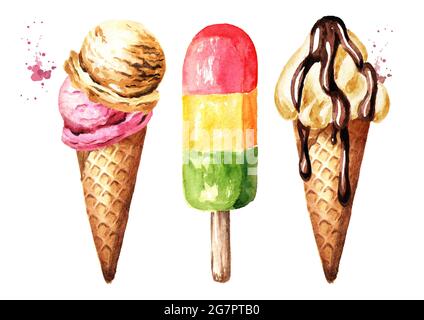 Eiscreme-Set. Aquarell handgezeichnete Illustration isoliert auf weißem Hintergrund Stockfoto