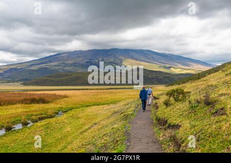 Touristen, die die Lagunenwanderung Limpiopungo, den Nationalpark des Vulkans Cotopaxi, Quito, Ecuador, erkunden. Stockfoto