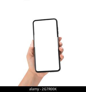 Nahaufnahme-Handtelefon isoliert auf Weiß. Handgriff-Smartphone mit weißem Bildschirm. Nahaufnahme-Smartphone isoliert auf weißem moc Stockfoto