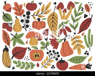 Herbstkollektion: Früchte, Blätter, Blumen, Gemüse. Herbst handgezeichnetes flaches Set in den Farben Grün, Rot, Gelb, Orange. Vektorgrafik Stock Vektor