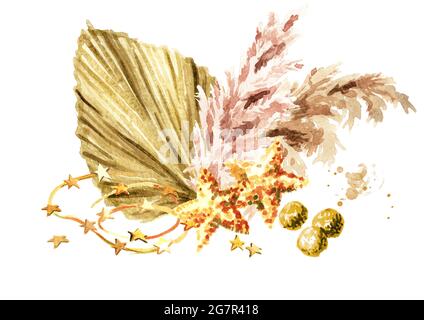 Weihnachtskomposition mit Pampagras, getrocknetem Palmblatt und Ornamenten. Aquarell handgezeichnete Illustration Stockfoto