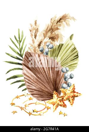 Weihnachtskomposition mit Pampagras, getrocknetem Palmblatt und Ornamenten. Aquarell handgezeichnete Illustration isoliert auf weißem Hintergrund Stockfoto