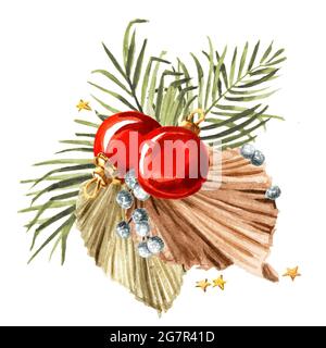 Weihnachtliche Komposition mit getrockneten Palmblättern und Ornamenten, Aquarell von Hand gezeichnete Illustration isoliert auf weißem Hintergrund Stockfoto
