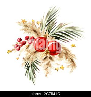 Weihnachtskomposition mit Pampagras, getrocknetem Palmblatt und Ornamenten. Aquarell handgezeichnete Illustration, isoliert auf weißem Hintergrund Stockfoto