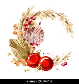 Weihnachtskomposition mit Pampagras, getrockneten Palmblättern, Ornamenten. Aquarell handgezeichnete Illustration, isoliert auf weißem Hintergrund Stockfoto