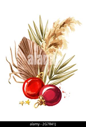 Weihnachtskomposition mit Pampagras, getrocknetem Palmblatt und Ornamenten. Aquarell handgezeichnete Illustration, isoliert auf weißem Hintergrund Stockfoto