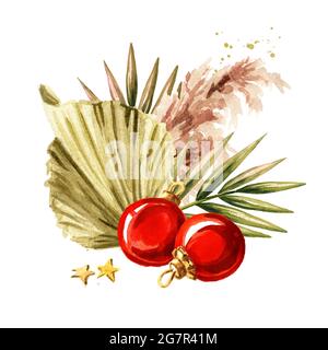 Weihnachtliche Komposition mit Pampagras, getrockneten Palmblättern und Ornamenten, Aquarell von Hand gezeichnete Illustration isoliert auf weißem Hintergrund Stockfoto
