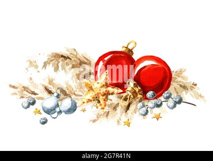 Weihnachtliche Umrandung mit Pampagras, roten Kugeln und Sternen. Aquarell handgezeichnete Illustration, isoliert auf weißem Hintergrund Stockfoto