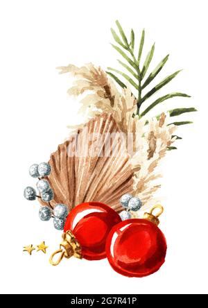 Weihnachtskomposition mit Pampagras, getrockneten Palmblättern und Ornamenten. Aquarell handgezeichnete Illustration isoliert auf weißem Hintergrund Stockfoto