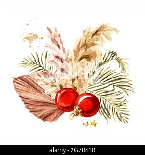 Weihnachtskomposition mit Pampagras, getrocknetem Palmblatt und Ornamenten. Aquarell handgezeichnete Illustration isoliert auf weißem Hintergrund Stockfoto
