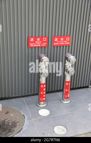 Doppelter roter Hydrant auf der Straße, Hidrant-Säulen in zwei Richtungen im Freien. Stockfoto