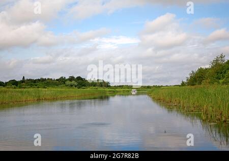 Eine Ansicht eines Motorkreuzers, der Sutton Broad vom River Ant aus auf den Norfolk Broads in Sutton, Norfolk, England, Großbritannien, erreicht. Stockfoto