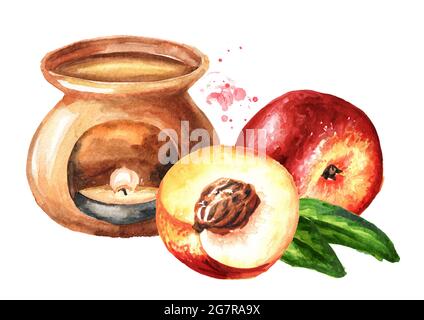 Duftlampe und reife frische Nectarine Pfirsiche. Handgezeichnete Aquarelldarstellung isoliert auf weißem Hintergrund Stockfoto
