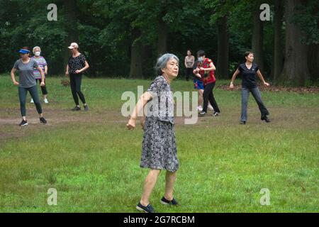 Eine ältere Frau nimmt an einem Tanzkurs in einem Park in Queens, New York City, Teil. Stockfoto